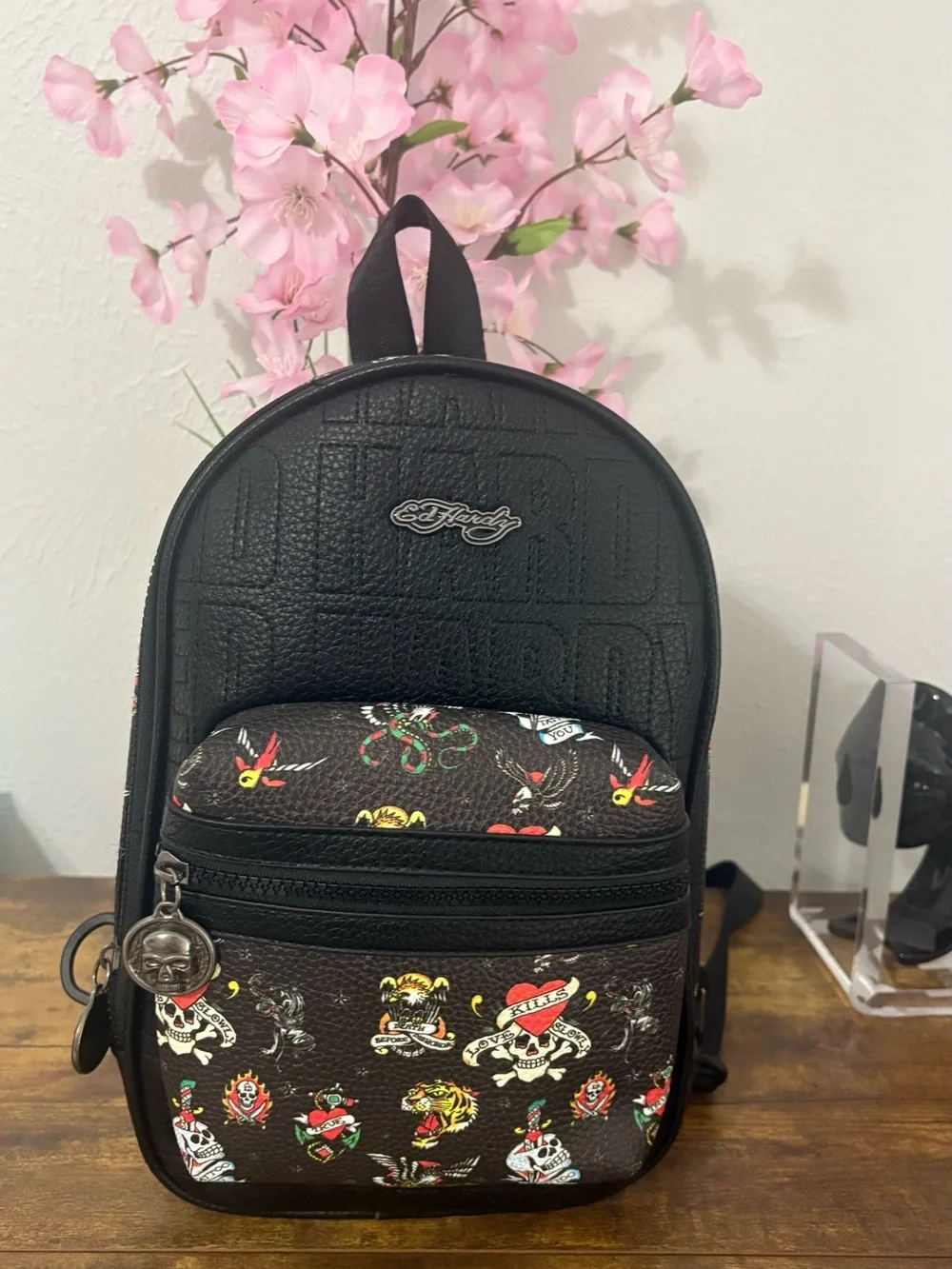 Ed Hardy Black Backpack/ Sling bag with Multicolor Tattoo Prints NWT